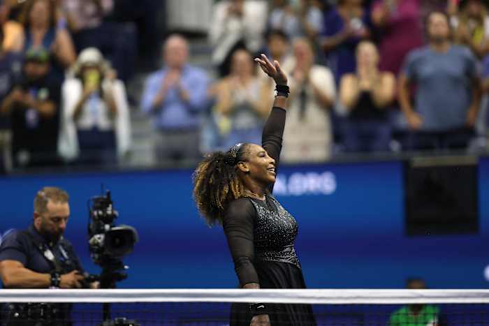Serena Williams waves to the crowd during her first-round match at the 2022 U.S. Open at the USTA Billie Jean King National Tennis Center.